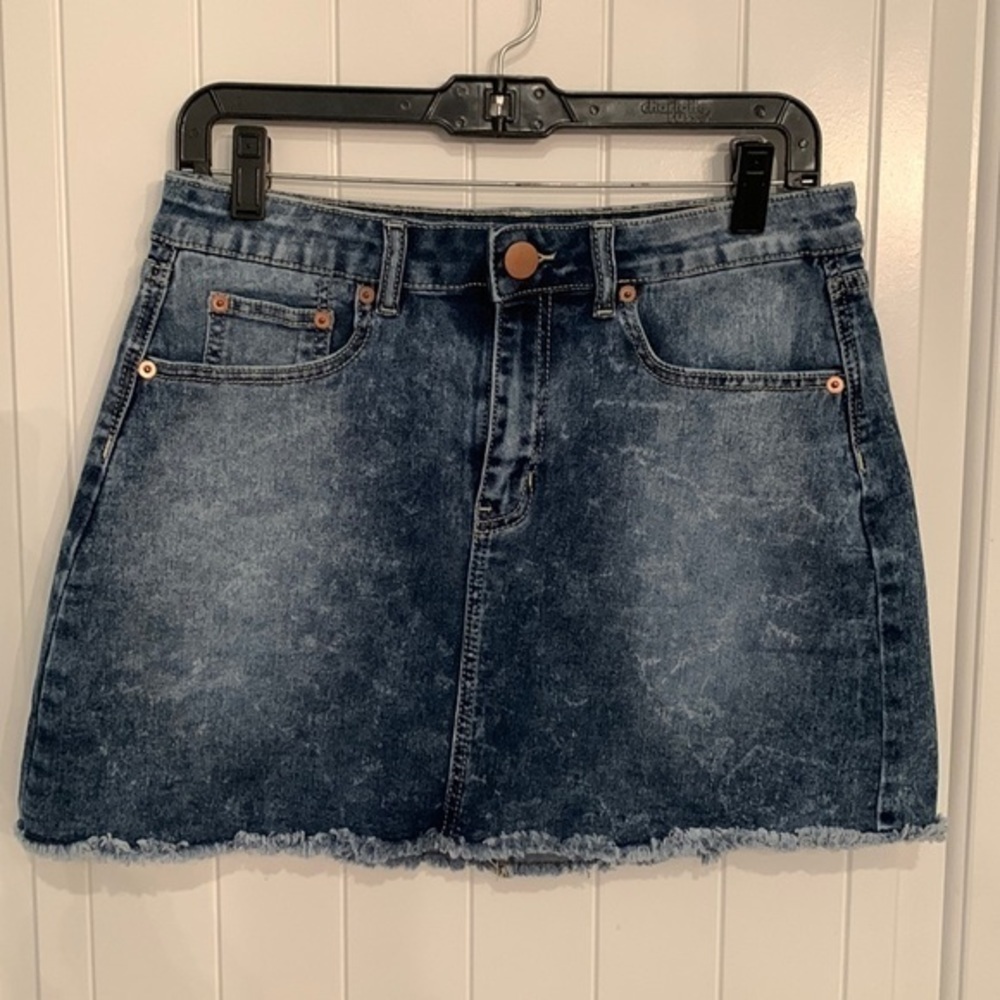 💐5/25 NOBO acid washed midi mini dark wash jean skirt raw hem